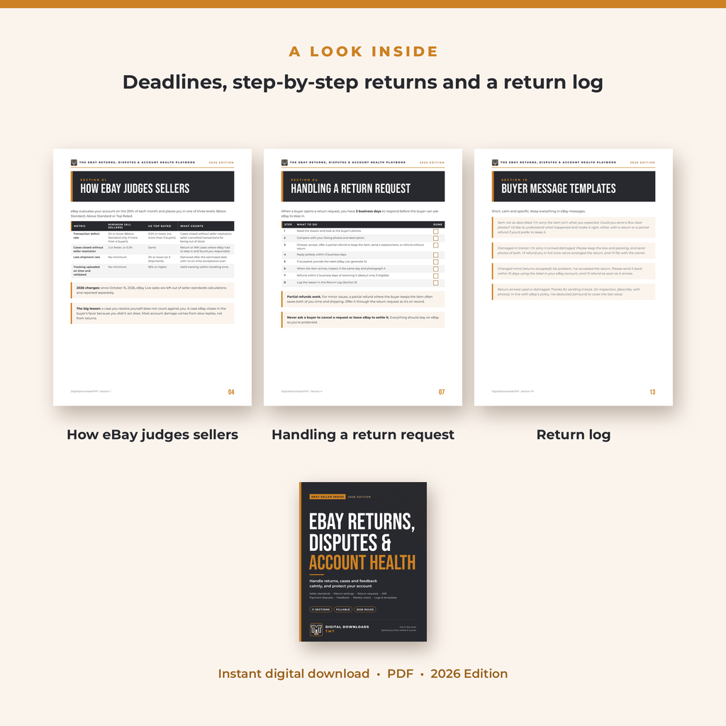 The eBay Returns, Disputes & Account Health Playbook: Handle Cases Calmly & Protect Your Seller Level (2026 Fillable PDF)