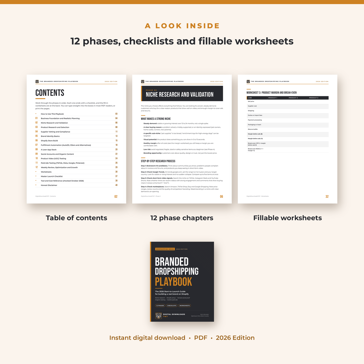 Inside pages of the Branded Dropshipping Playbook: contents page, a phase chapter and a fillable margin worksheet