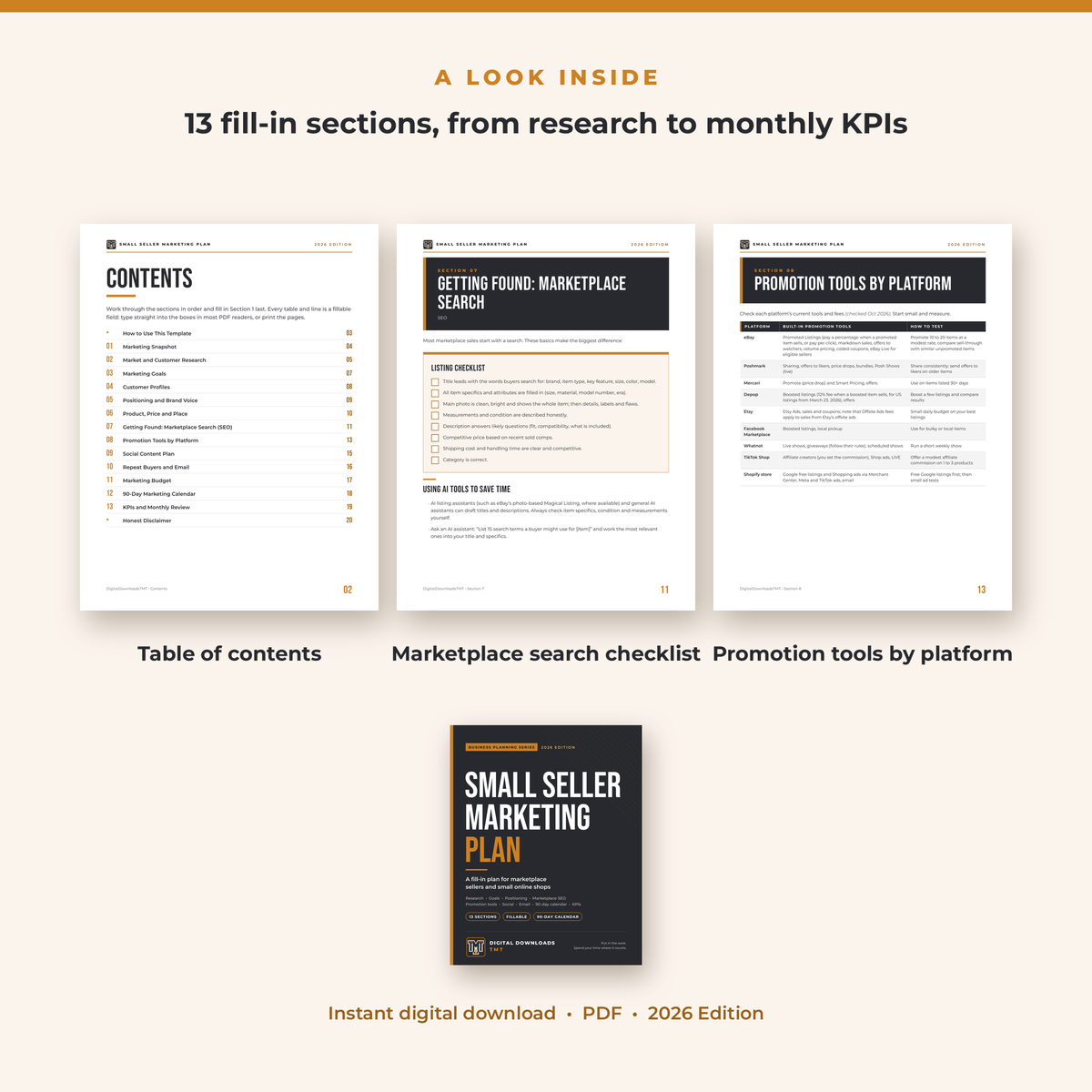Inside pages of the Small Seller Marketing Plan: contents, the listing checklist and promotion tools