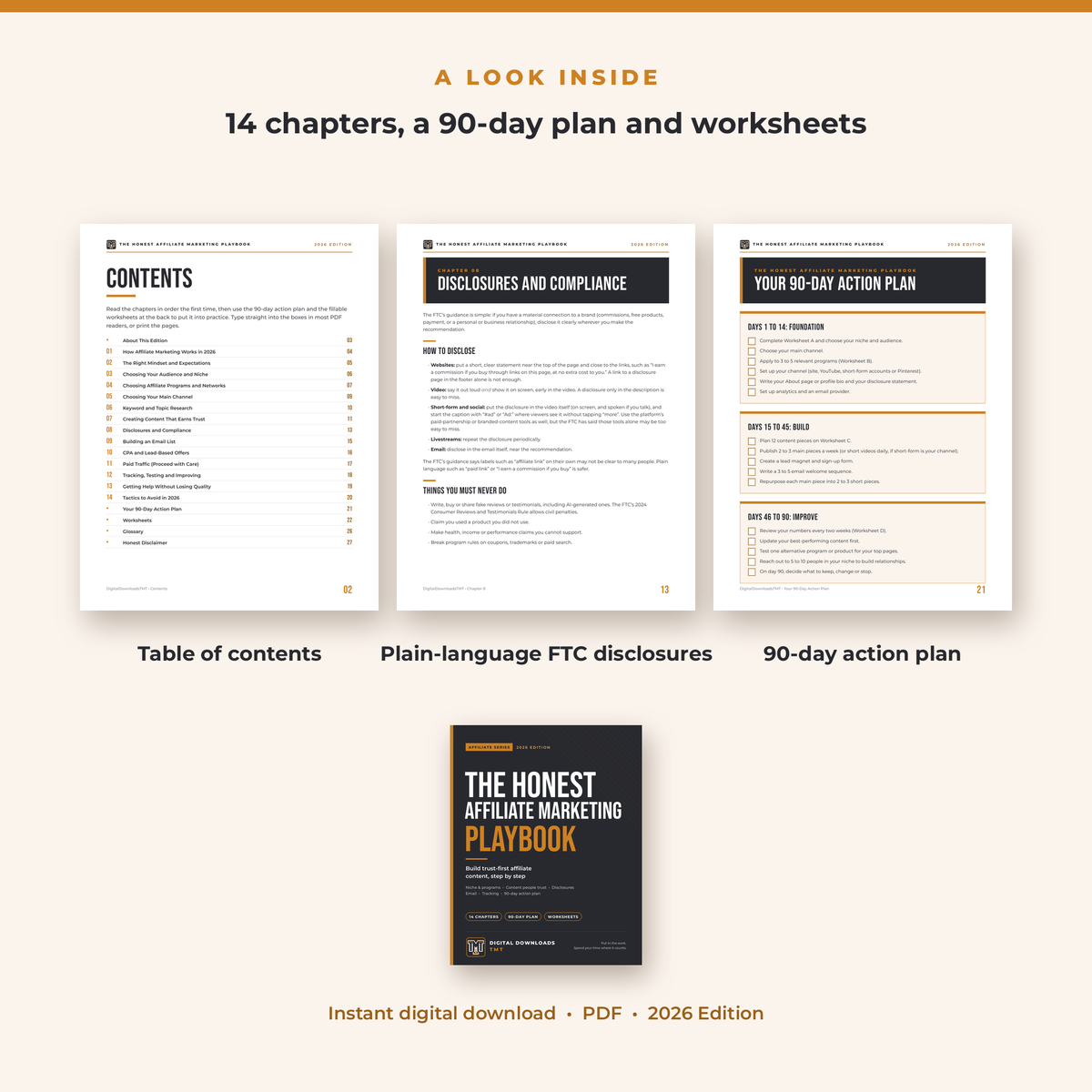 Inside pages of The Honest Affiliate Marketing Playbook: contents, FTC disclosures and the 90-day action plan