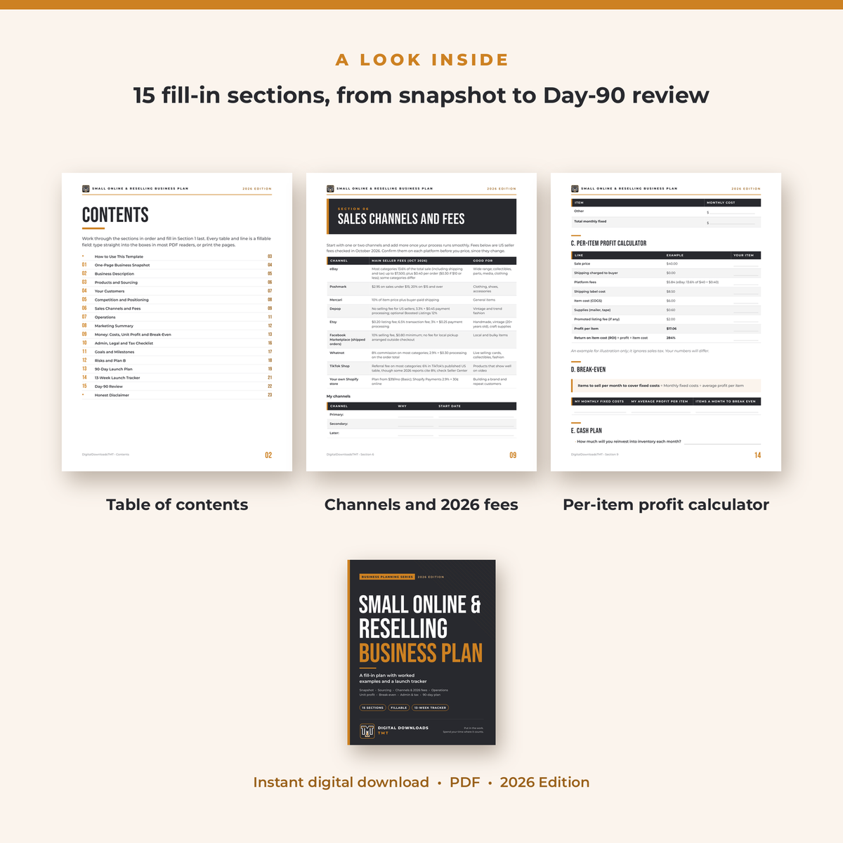 Inside pages of the business plan template: contents, channels and fees, and the profit calculator
