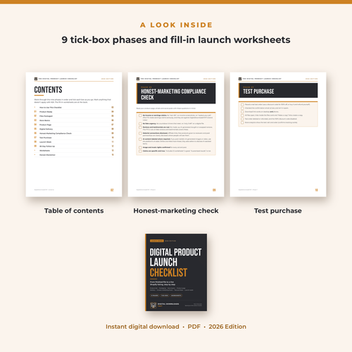 Inside pages of the Digital Product Launch Checklist: contents, the phase checklists and the launch calendar