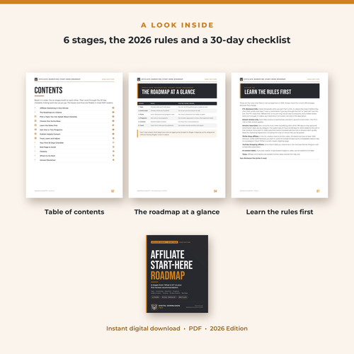 Inside pages of the Affiliate Marketing Start-Here Roadmap: contents, the six stages and the topic scorer