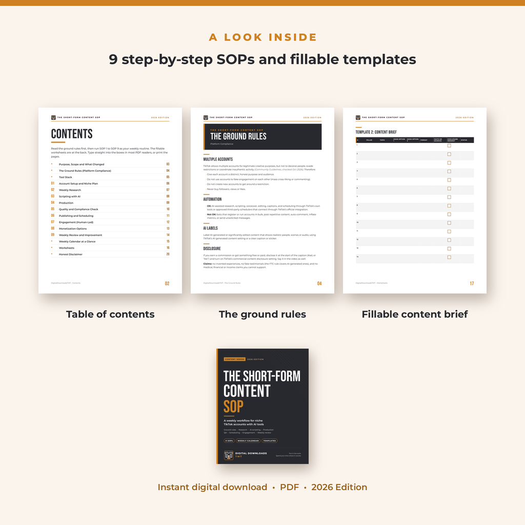 Inside pages of The Short-Form Content SOP: contents, the ground rules and the content brief template