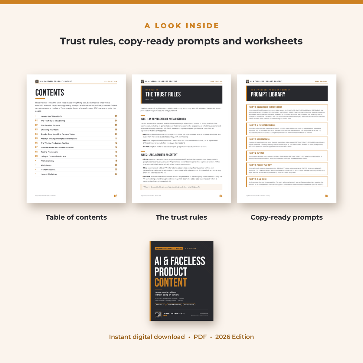 Inside pages of the AI & Faceless Product Content add-on: contents, the trust rules and the prompt library