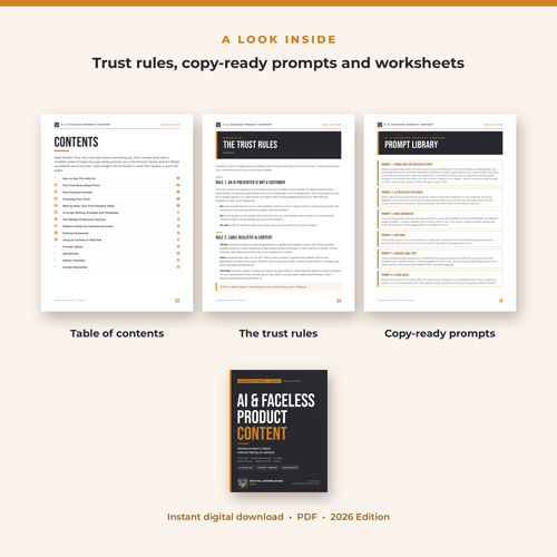 Inside pages of the AI & Faceless Product Content add-on: contents, the trust rules and the prompt library