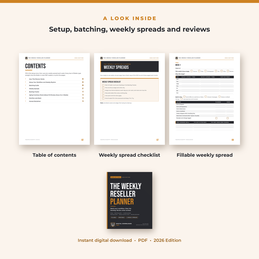 Inside pages of The Weekly Reseller Planner: contents, the weekly spread checklist and a fillable weekly spread