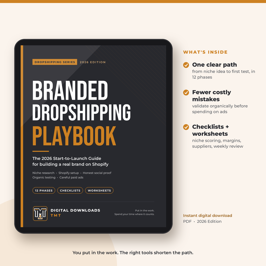 The Branded Dropshipping Playbook 2026 cover shown on a tablet, with a list of what's inside