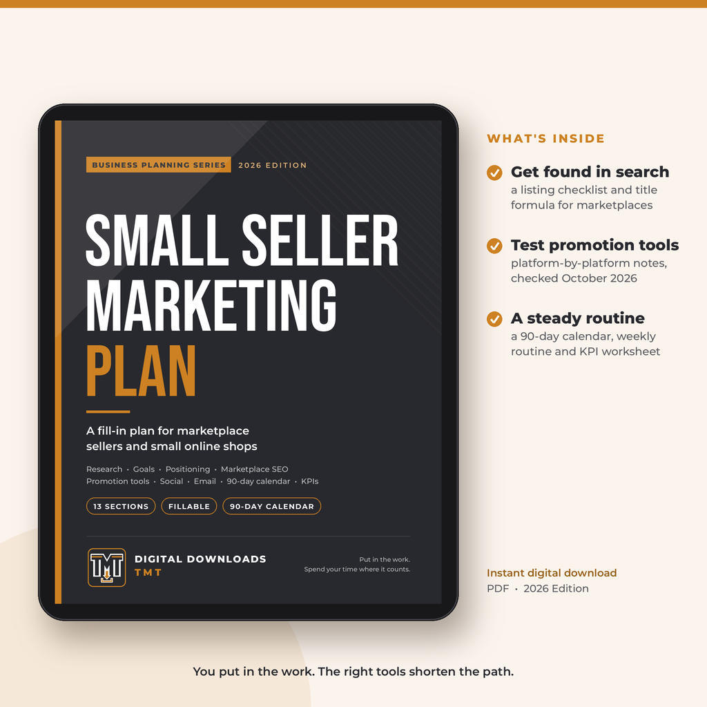 Small Seller Marketing Plan 2026 cover shown on a tablet, with a list of what's inside