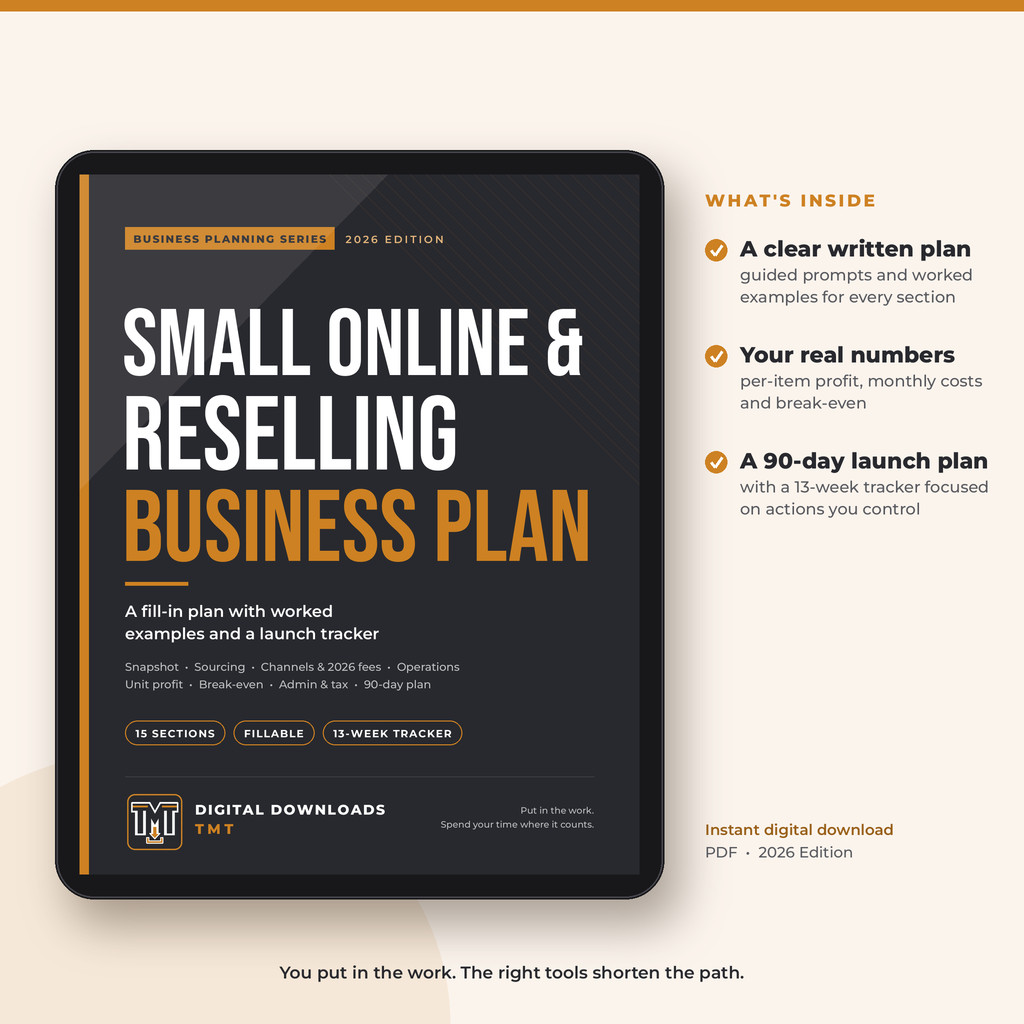 Small Online & Reselling Business Plan 2026 cover shown on a tablet, with a list of what's inside