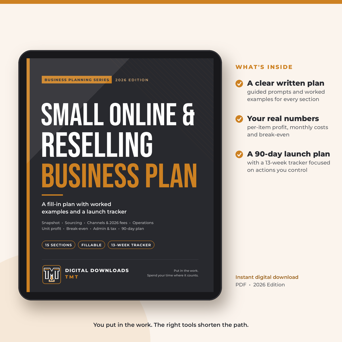 Small Online & Reselling Business Plan 2026 cover shown on a tablet, with a list of what's inside