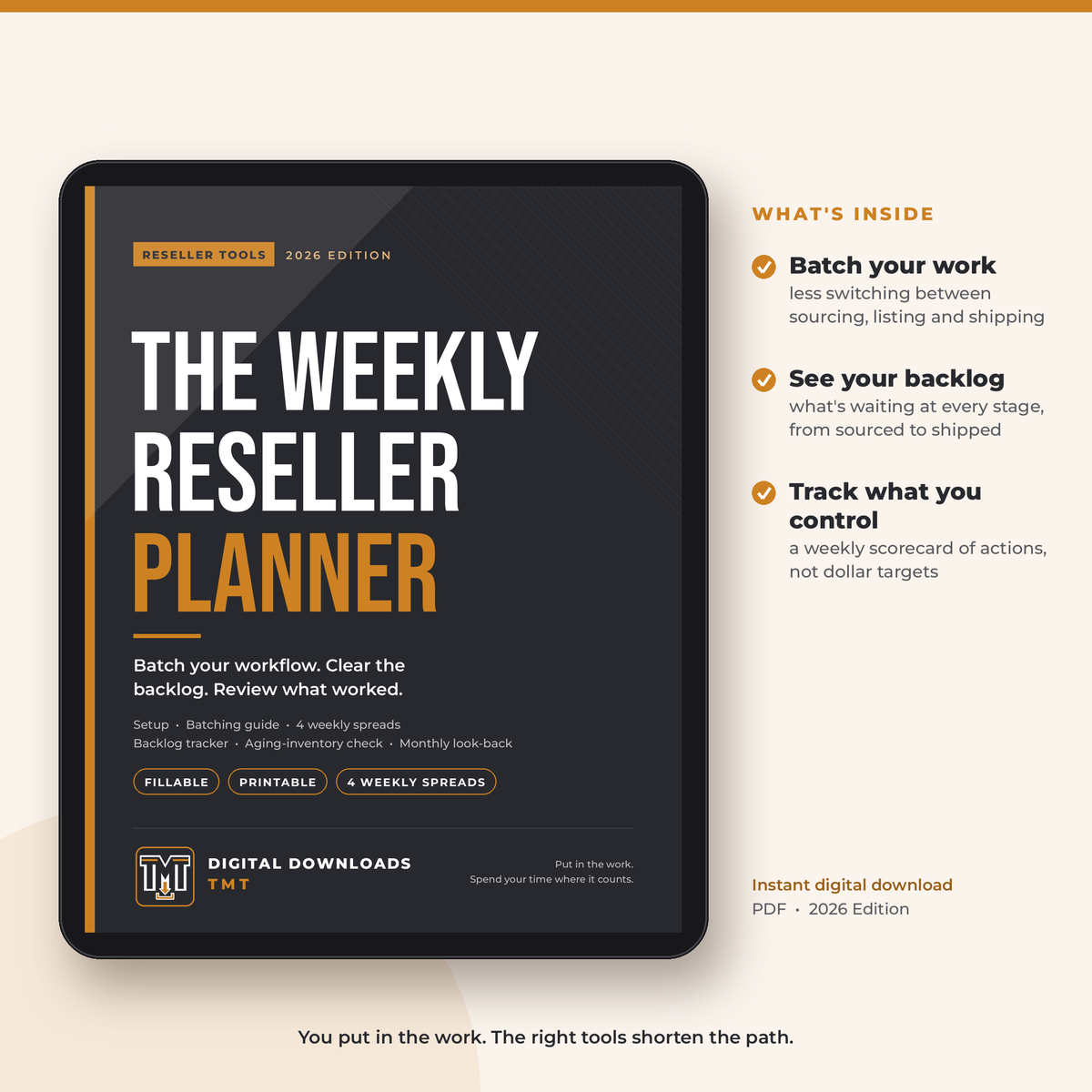The Weekly Reseller Planner cover shown on a tablet, with a list of what's inside