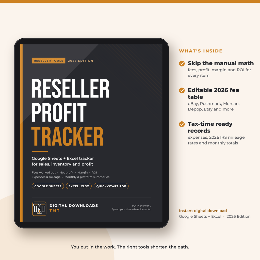 Reseller Profit Tracker 2026 cover shown on a tablet, with a list of what's inside