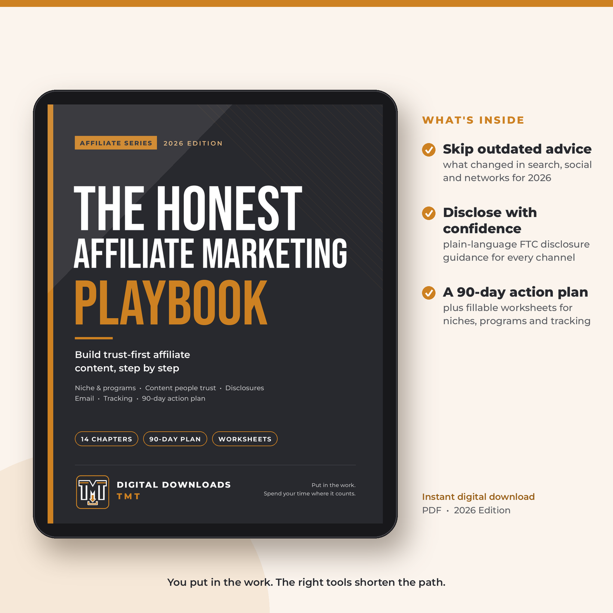 The Honest Affiliate Marketing Playbook 2026 cover shown on a tablet, with a list of what's inside