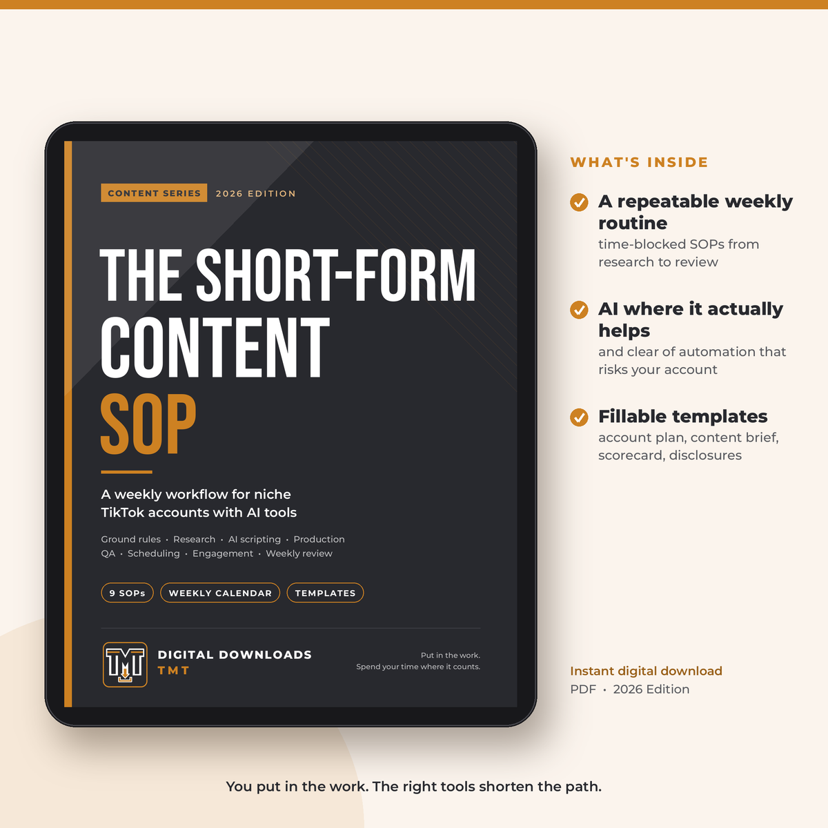 The Short-Form Content SOP 2026 cover shown on a tablet, with a list of what's inside