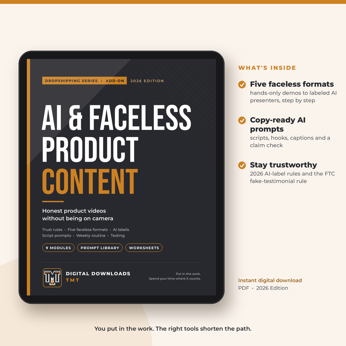 AI & Faceless Product Content 2026 add-on cover shown on a tablet, with a list of what's inside