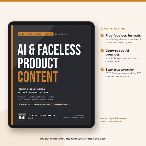 AI & Faceless Product Content 2026 add-on cover shown on a tablet, with a list of what's inside