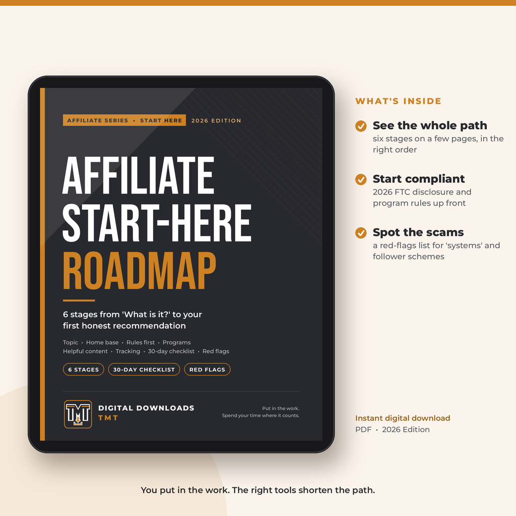 Affiliate Marketing Start-Here Roadmap 2026 cover, charcoal and gold